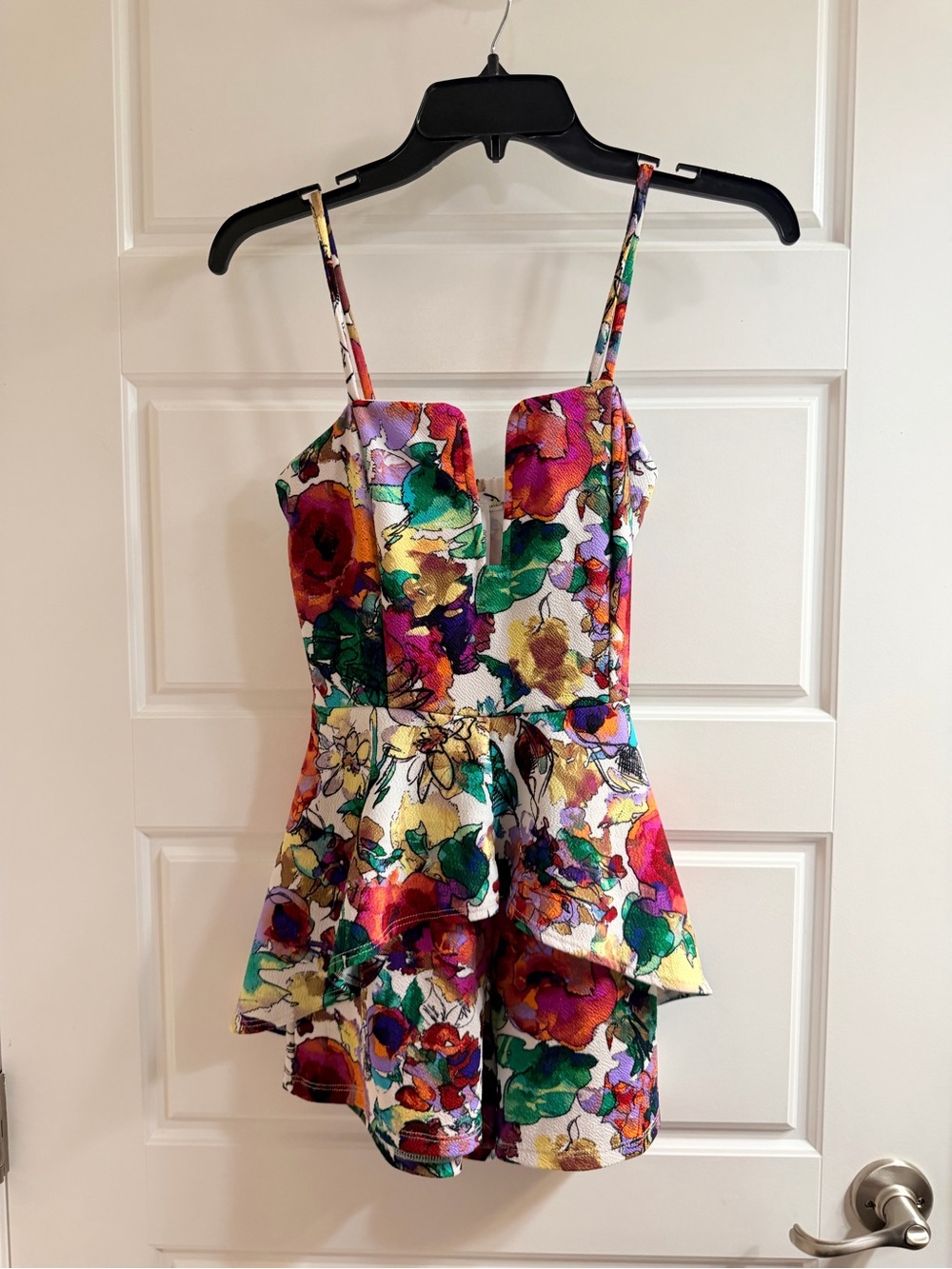 Floral Peplum Romper with Spaghetti Straps - Multicolor